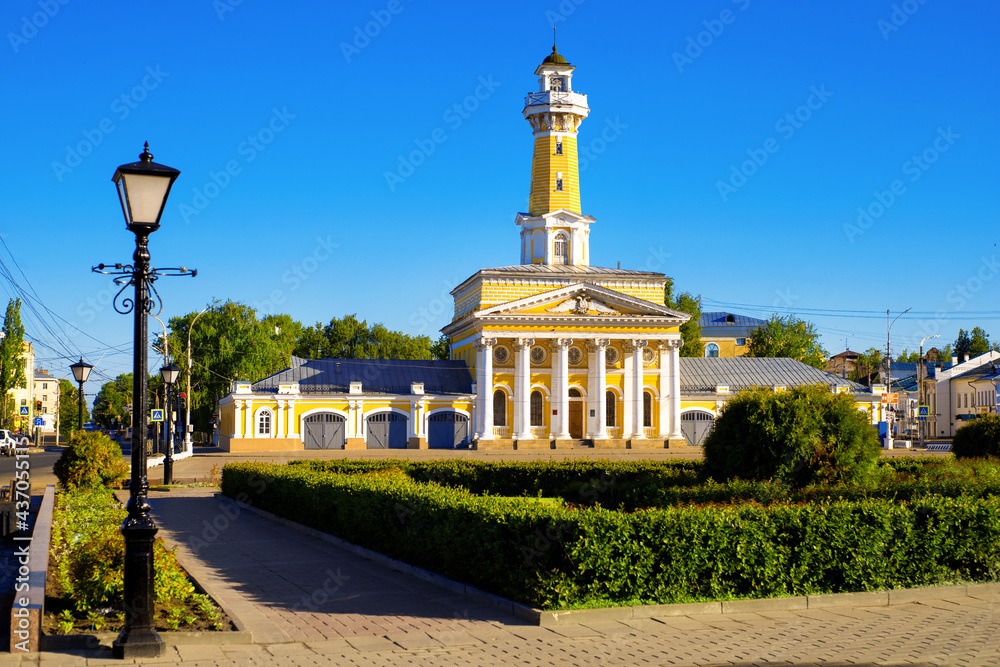 Cityscape of Kostroma city and historical fire station building in summer time