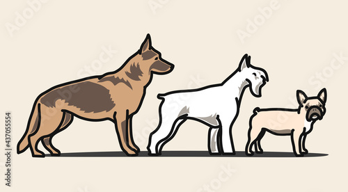 Set of dogs breeds made in modern logo style. Pet breed symbol vector illustration. German shepherd  Schnauzer and French bulldog