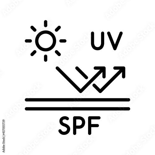 Sun protection factor concept. UV rays effect on skin treated with SPF sunscreen. Sun safety idea. Line icon. Ultraviolet light exposure. Skincare product label. Vector illustration, flat, clip art 