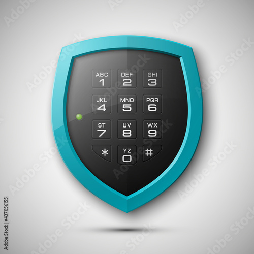 Shield with electronic Combination Lock isolated. Defense sign & PIN code entry panel. Protection concept. Safety badge shield icon. Privacy banner. Security label. Presentation sticker shield tag © volonoff
