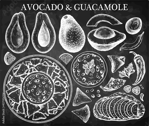 Set of chalk drawing guacamole, avocado, nachos, chili pepper, corn chips, avocado toast isolated on blackboard. Sketch hand drawn mexican food on chalkboard. Vintage style snack. Vector illustration.