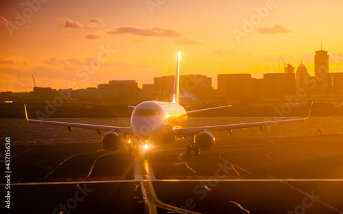 Boston, Massachusetts ,USA - April 2018: Airplanes taxies to runway - Logan Airport ,