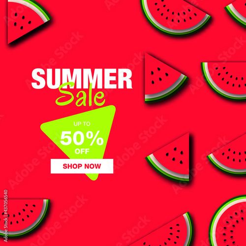Paper Style. Summer Sale Banner template design with red watermelon paper cut for banner, flyer, poster, invitation, digital, social media marketing advertising promotion.