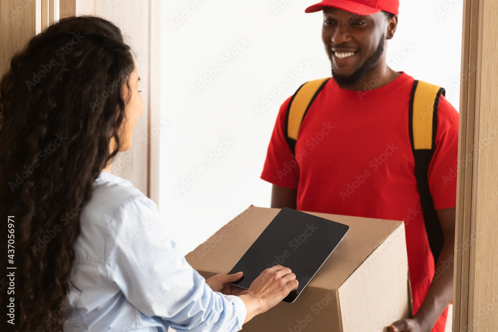 Female Customer Receiving Order Signing Digital Form Female Customer Receiving Order Signing Digital Form