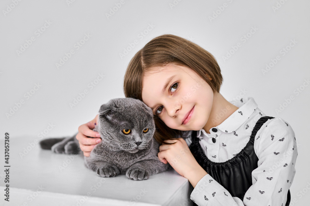 Caucasian little girl holds her cat in the arms Caucasian little girl holds her cat in the arms
