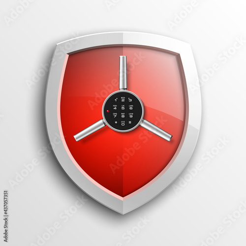 Protection guard shield concept with safety handwheel. Safety badge helm icon. Privacy Safe door handle banner. Security bright label. Presentation shining sticker shield shape. Defense safeguard sign