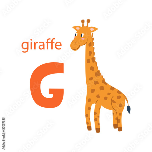 Cute giraffe card. Alphabet with animals. Colorful design for teaching children the alphabet, learning English. Vector illustration in a flat cartoon style on a white background