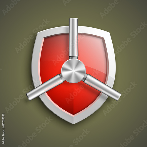 Protection guard shield concept with safety handwheel. Safety badge helm icon. Privacy Safe door handle banner. Security bright label. Presentation shining sticker shield shape. Defense safeguard sign