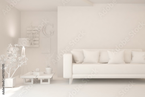 White minimalist living room with sofa. Scandinavian interior design. 3D illustration