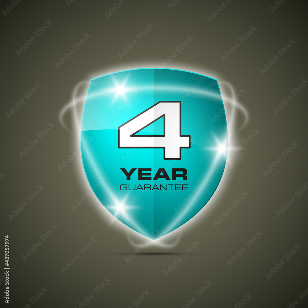 Shield with a text guarantee four year icon. Warranty 4 year Label obligations. Safeguard shield sign. Protect promise reliability badge. Security guaranteed shield illustration Shield with a text guarantee four year icon. Warranty 4 year Label obligations. Safeguard shield sign. Protect promise reliability badge. Security guaranteed shield illustration