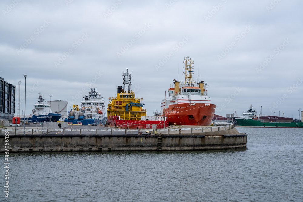 view of large ships in the industrial port and harbor of Esbjerg