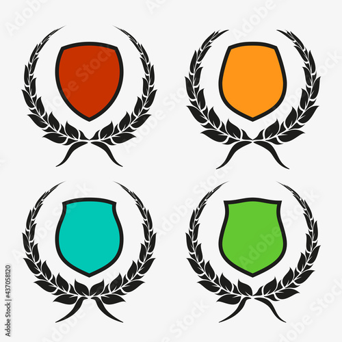 Protect guard shield wreath concept. Outline shield badge. Safety icon set. Privacy banner kit. Security label. Flat style protect garland sticker symbol shape. Safeguard simple sign wreath pictogram