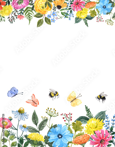Colorful floral border with bees and butterflies. Pink, yellow, orange and blue wildflowers and green leaves on white background. Summer botanical frame.