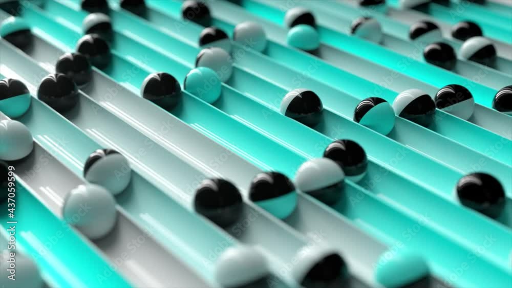 Bright colorful background with rolling balls along the paths. Minimalism and fashion concept. 3d animation of a seamless loop