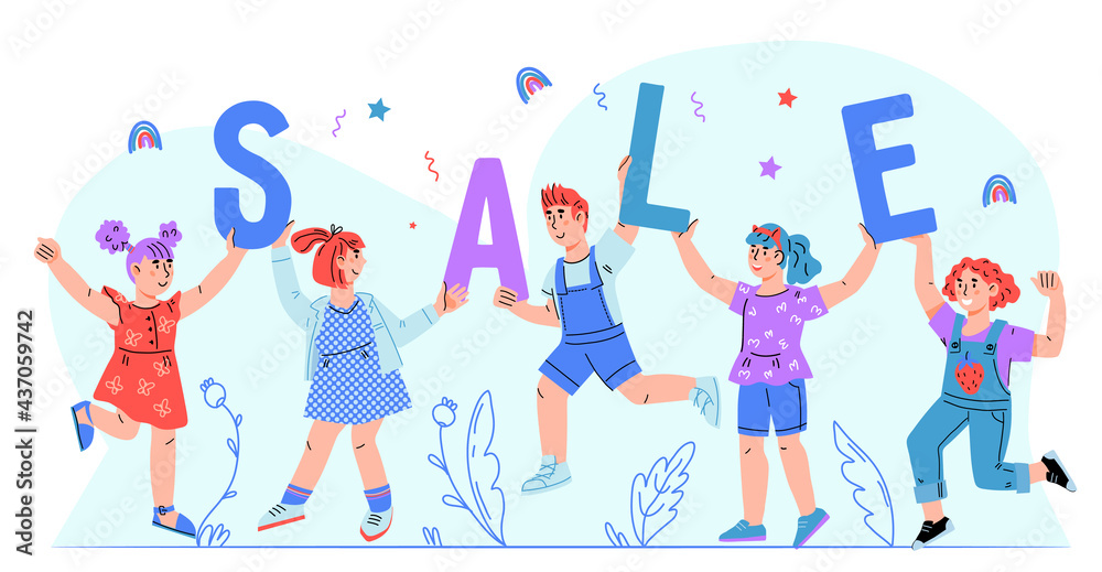 Childrens goods sale banner template with smiling and jumping kids holding huge letters. Sale for kids, cartoon flat vector illustration isolated on white background.