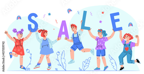 Childrens goods sale banner template with smiling and jumping kids holding huge letters. Sale for kids, cartoon flat vector illustration isolated on white background. © Anastasia