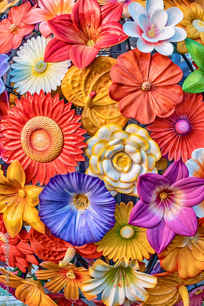 Artificial flowers as beautiful scenery background on city streets