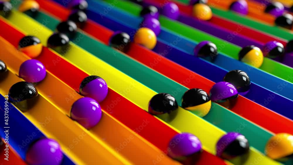 Bright colorful background with rolling balls along the paths. Minimalism and fashion concept. 3d animation of a seamless loop
