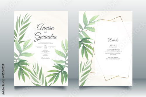  Wedding invitation card template set with beautiful tropical leaves Premium Vector