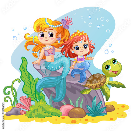 Sea world background with mermaids and turtle vector
