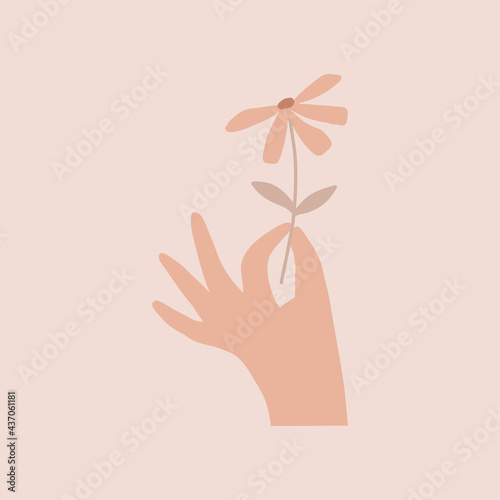 Abstract hands holding blooming flowers. Floral decorative design. Elegant summer gifts. Contemporary scandinavian print elements. Minimalistic modern art. Hand drawn trendy vector illustration.