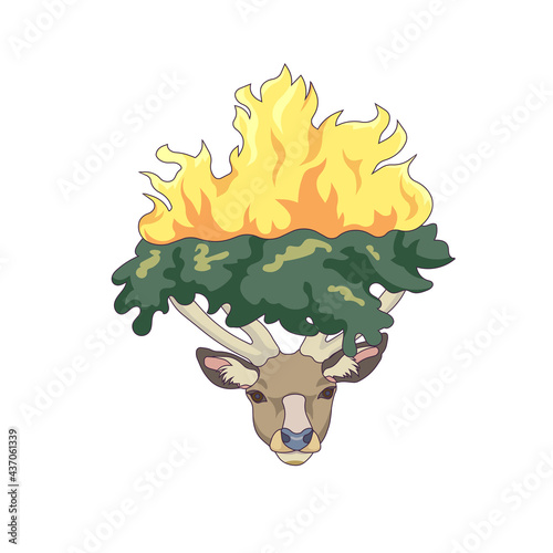 The head of Red deer with burning forest on his hoofs on white isolated background, Deer and forest fire in Cartoon style, concept of Wildlife, Environmental Protection, World firefighter day.