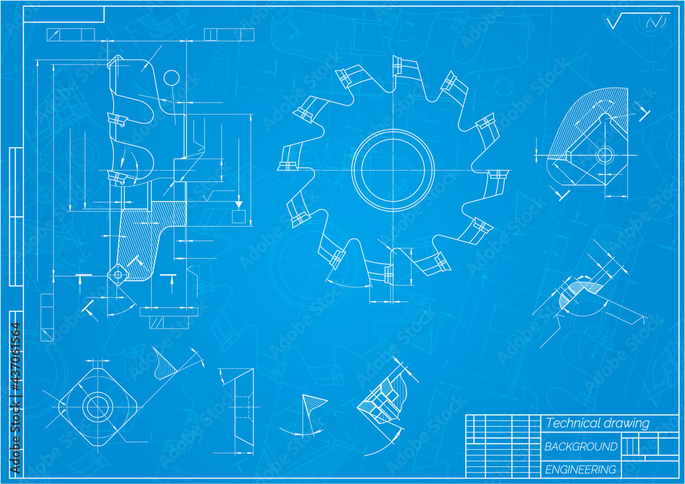 Mechanical engineering drawings on blue background. Cutting tools, milling cutter. Technical Design. Cover. Mechanical engineering drawings on blue background. Cutting tools, milling cutter. Technical Design. Cover.