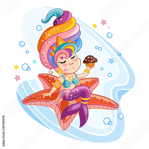 Vector cute kawaii mermaid sitting on a starfish