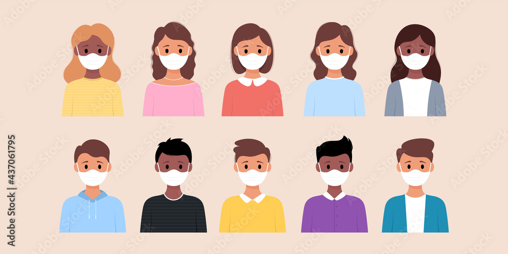 Set of man and woman wearing medical mask flat style icon design. Set of man and woman wearing medical mask flat style icon design.