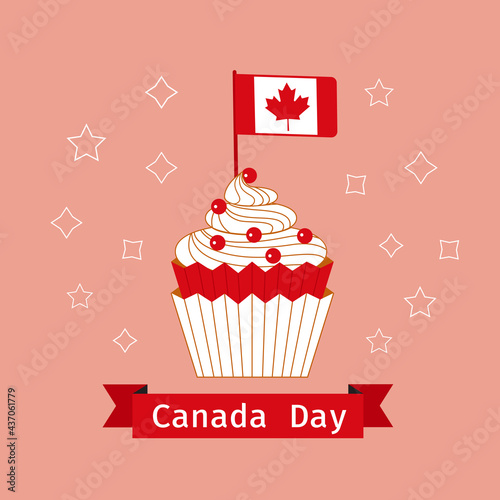 Canada Day Cupcake and flag vector greeting card. Canada day test on red ribbon. Canadian flag with maple leaf in cupcake cartoon illustration. 1st July festive event celebration decorative background