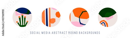 Abstract modern colorful Vector Backgrounds. Hand drawn various Shapes. Set of four Round Patterns. Contemporary design. Social media Stories or avatar templates. Every icon is Isolated