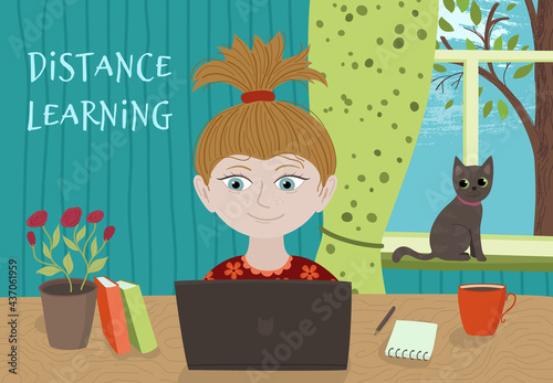 The girl is studying at home, a schoolgirl in distance learning. Vector illustration concept coronavirus COVID-19. Stay at home