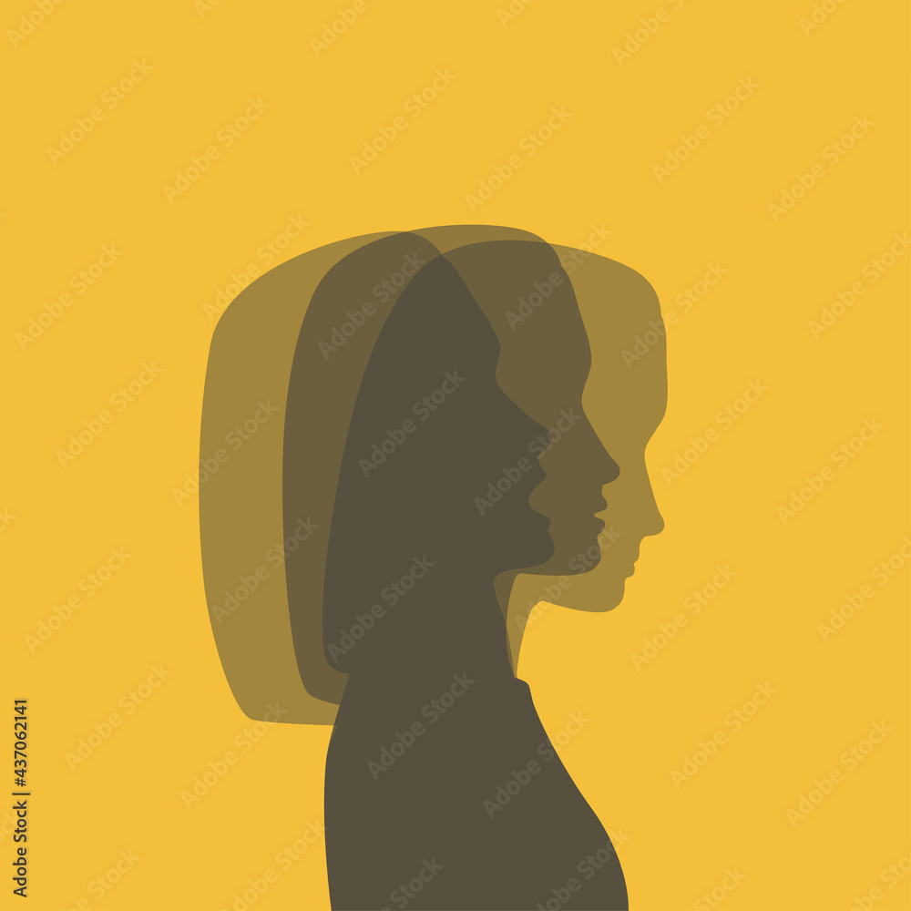 3 silhouette profiles of 1 woman - metaphor of bipolar disorder or different personality disorders. Conceptual poster of mood and identity disorders and other mental illnesses.