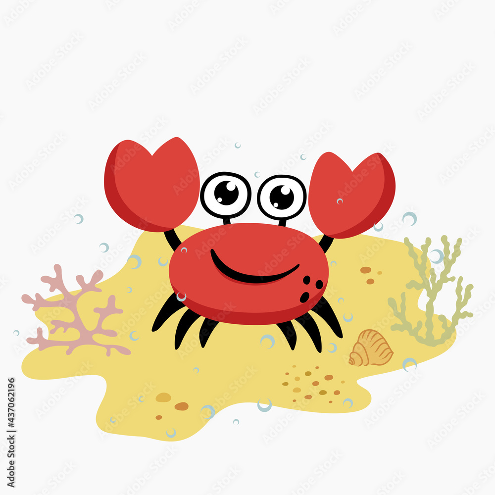 Funny cute crab on the sand with seaweed and seashell and water bubbles. Funny cute crab on the sand with seaweed and seashell and water bubbles.