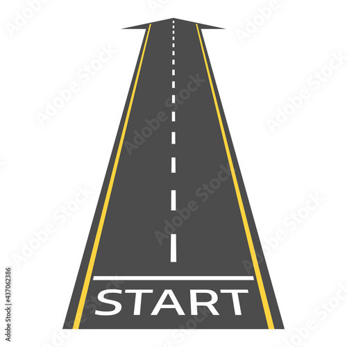 Road or asphalt highway concept with start line, arrow and horizon perspective. Vector illustration.