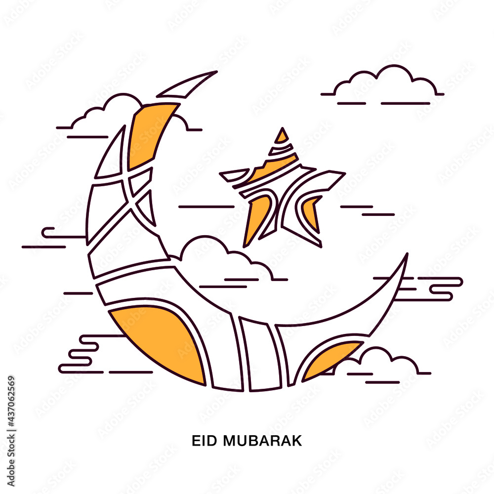 Flat Line Design. Eid Mubarak greeting sliced crescent moon and star around clouds Flat Line Design. Eid Mubarak greeting sliced crescent moon and star around clouds
