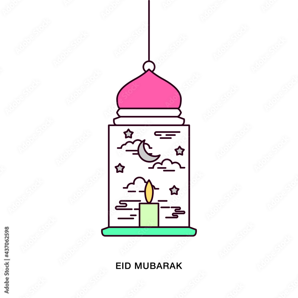 Flat Line Design. Eid Mubarak greeting crescent moon, stars and clouds inside lamp with candle Flat Line Design. Eid Mubarak greeting crescent moon, stars and clouds inside lamp with candle
