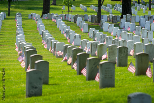 Small American flags mark every grave during   Memorial Day weekend  at Arlington National Cemetery, Arlington, VA. © Tim