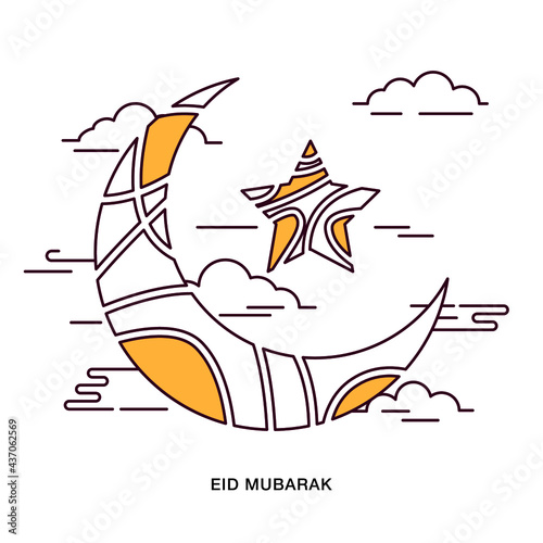 Flat Line Design. Eid Mubarak greeting sliced crescent moon and star around clouds