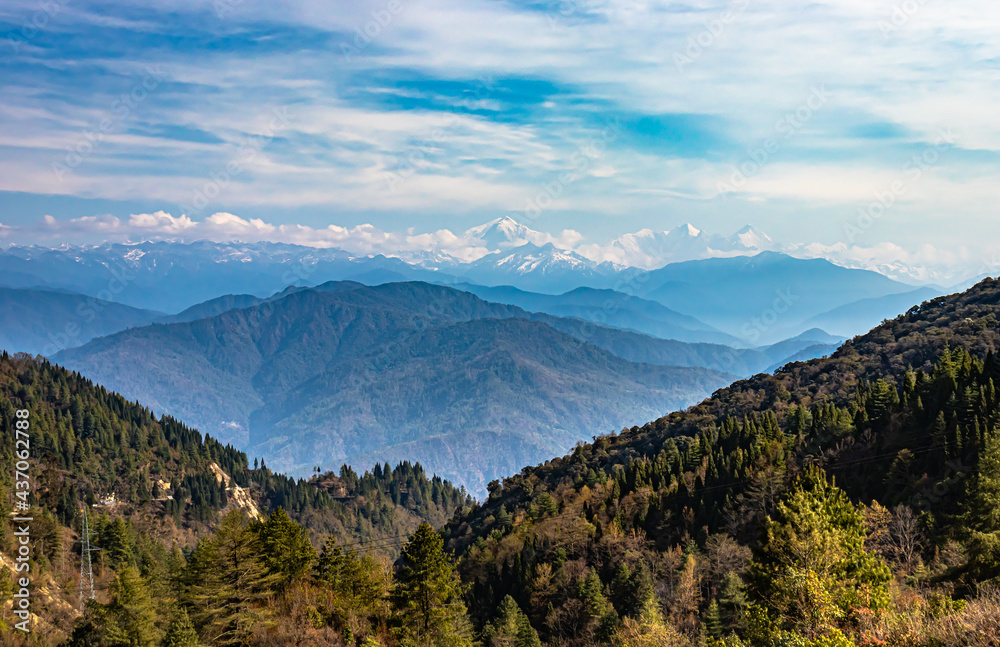 multilayer mountain range of himalaya with valley view and amazing sky at day from flat angle