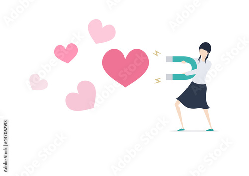 磁石でハートを引き寄せる日本人女性のイラスト素材