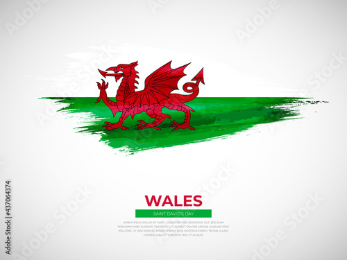 Grunge style brush painted Wales country flag illustration with saint davids day typography