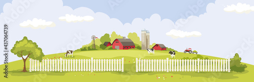Abstract landscape -- dairy farm / Vector illustration, rural view -- fields and meadows, summertime.	
