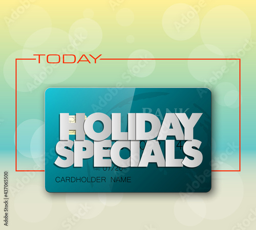 Holiday specials sale & credit bank card banner. Abstract advertising background plastic card icon. Advertising discount poster. online banking tag flyer, Promotional internet shopping sale brochure