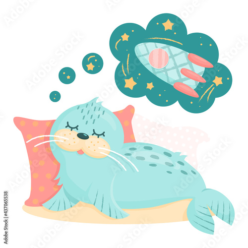 Cute little cartoon seal sleeps and dreams about space, rocket and stars. Mammal animal design for children. Flat vector illustration isolated on white for nursery or playroom. Sea lion on pillows. 