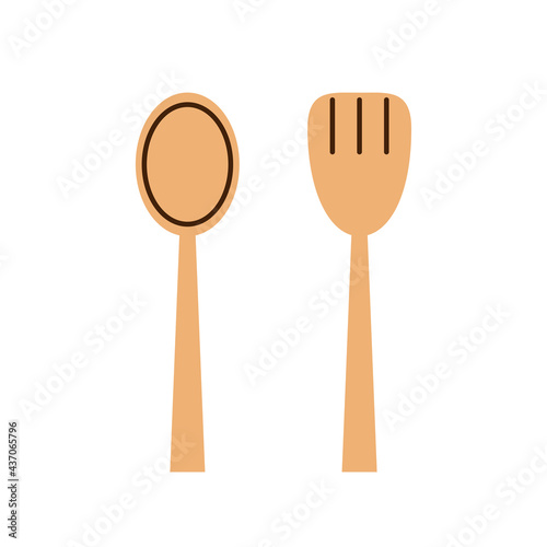Spoon and fork on white background.  Wood spoon and  wood fork.