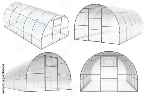 Fototapeta Naklejka Na Ścianę i Meble -  Farm greenhouse for growing plants, fruits, berries, vegetables, flowers. Visualization of an empty hotbed. A collage of four view. Clipart. 3d rendering