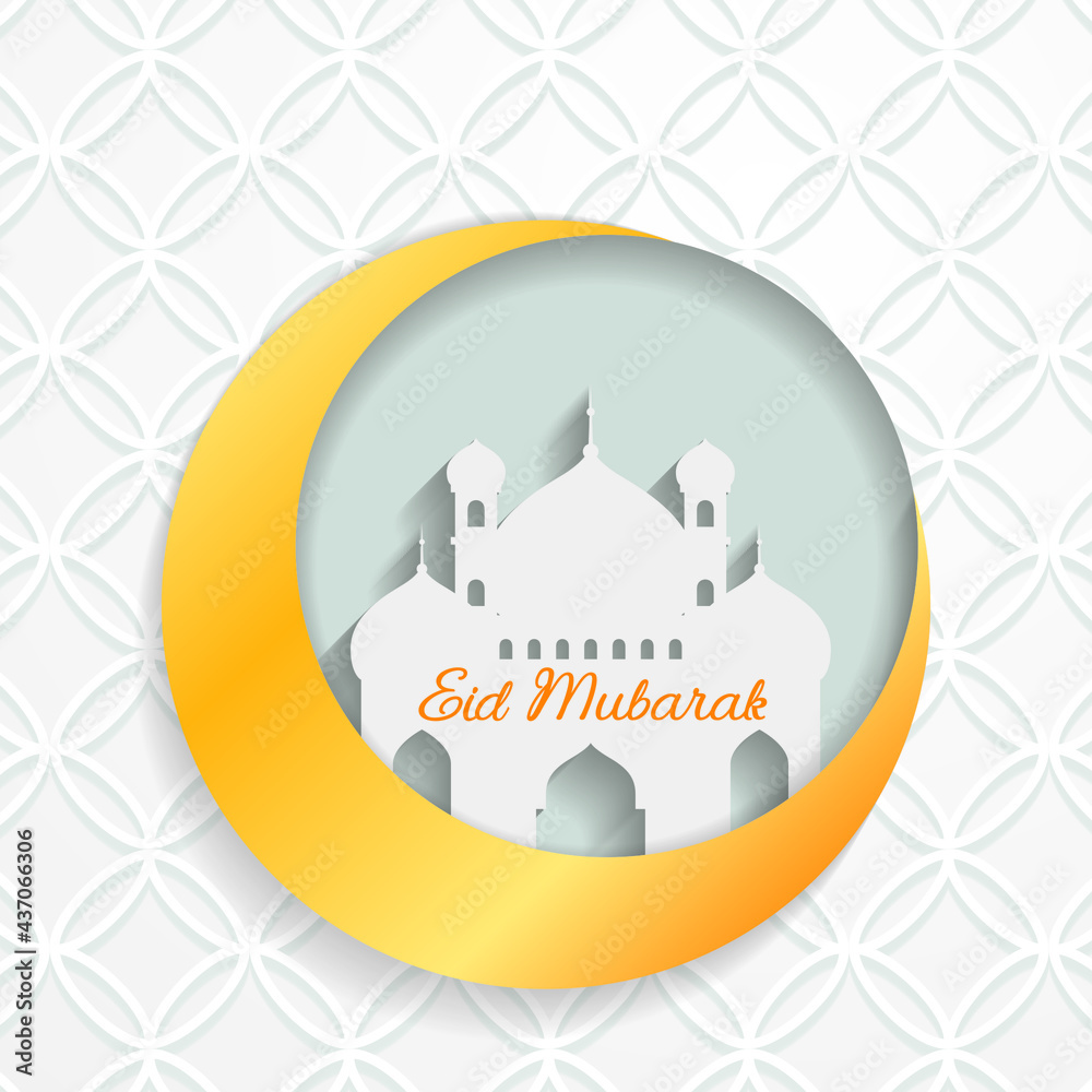 Cutout Drop Shadow. Eid Mubarak greeting Mosque illustration and crescent moon on the white pattern background