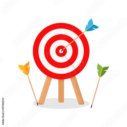 Business concept of failure, archery sport competition. A miss, an unsuccessful attempt to hit a target. Vector illustration.