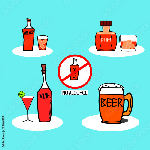 The alcohols collection for signs or symbols on the blue sky background.